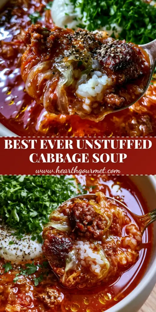 A silver ladle lifting a scoop of Stuffed Cabbage Soup from a white ceramic pot, showing seared ground beef, cabbage ribbons, and white rice in a red broth. (Stuffed Cabbage Soup)