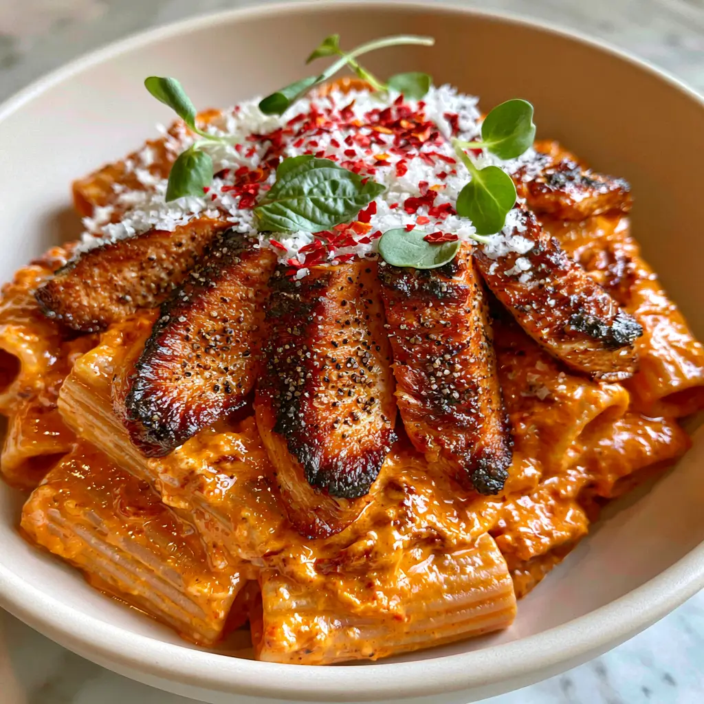 low calorie pasta recipes: Creamy Sun-Dried Tomato & Charred Chicken Rigatoni 1 Top down view of a matte cream bowl featuring charred chicken slices and finely grated parmesan snow over pasta.