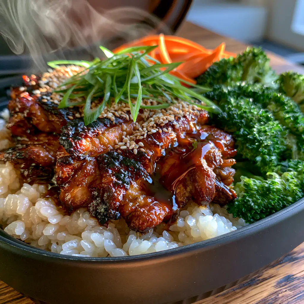 Close-up of seared teriyaki chicken with glossy amber glaze and steam in an electric lunch box. (electric lunch box)