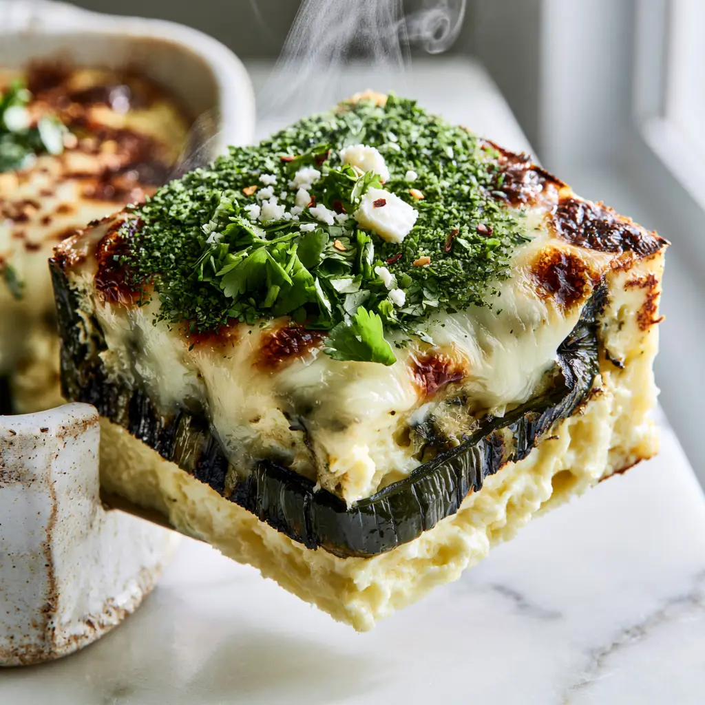 Close-up of a rustic ceramic dish filled with Chile Relleno Casserole, garnished with cotija cheese and red chili flakes.
