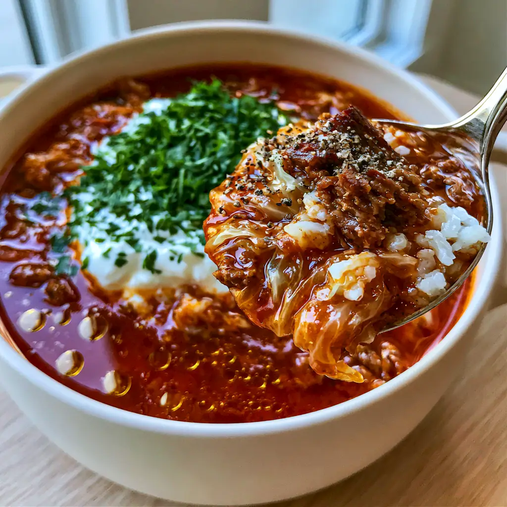 A handheld photo of a silver ladle lifting a generous portion of Stuffed Cabbage Soup with beef, rice, and cabbage.