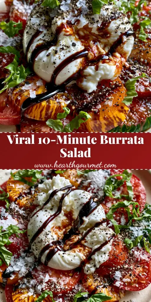 Tomato Burrata Salad with Heirloom Tomatoes and Balsamic Glaze 4 A vertical Pinterest-optimized shot of a Tomato Burrata Salad with vibrant heirloom tomatoes, creamy torn burrata, and balsamic glaze ribbons.