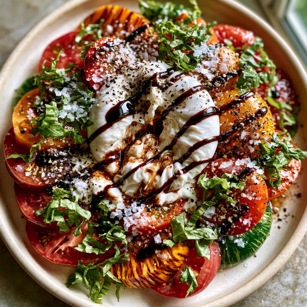 Tomato Burrata Salad with Heirloom Tomatoes and Balsamic Glaze 1 Close up shot of balsamic glaze drizzled over a Tomato Burrata Salad with fresh basil and heirloom tomatoes.