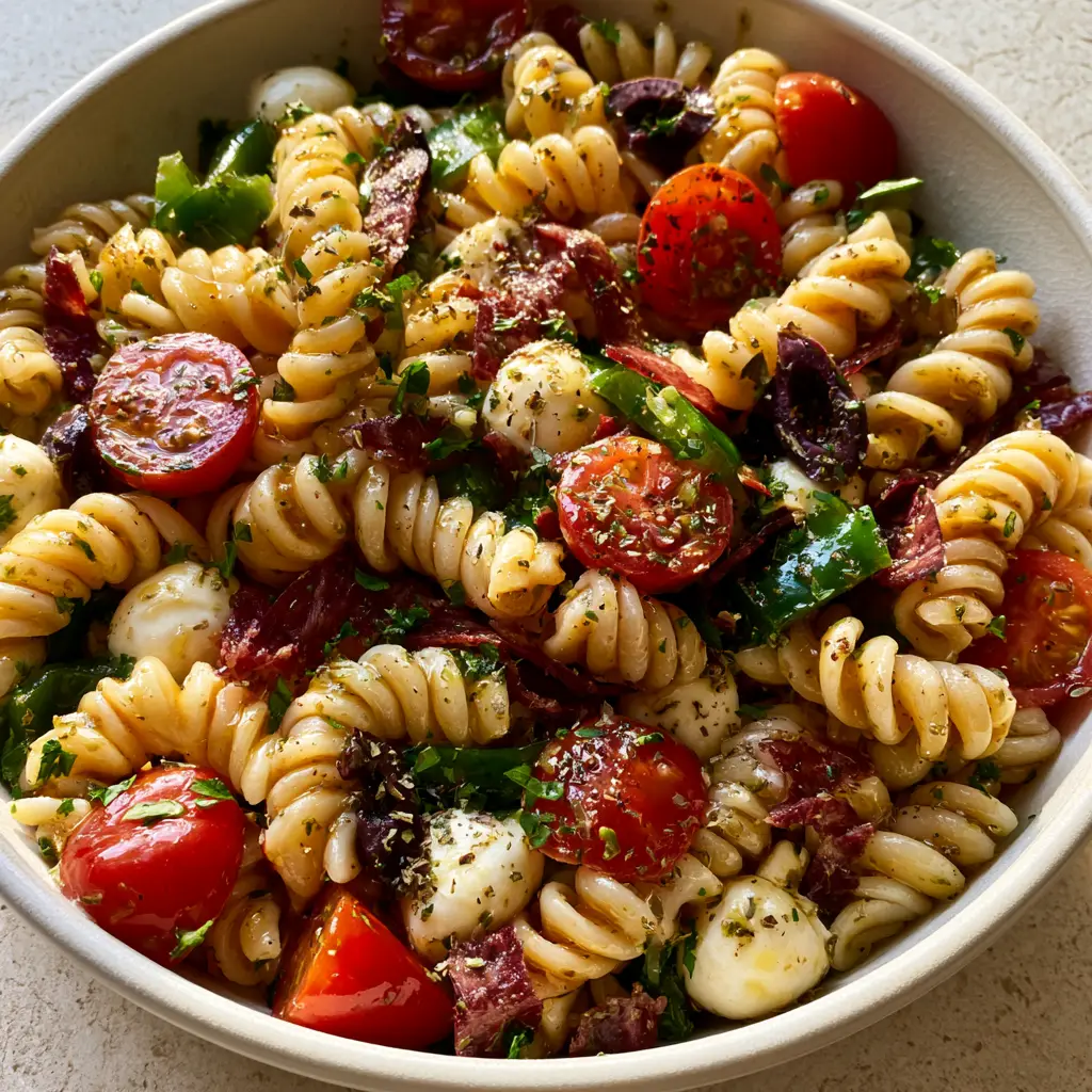 Italian Pasta Salad with Zesty Golden Vinaigrette and Salami 1 Top-down view of vibrant Italian pasta salad featuring emerald green peppers and red salami ribbons.