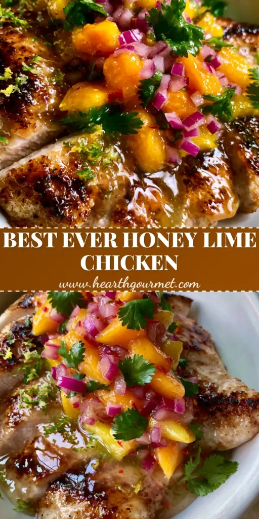A close-up shot of pan-seared honey lime chicken with mango salsa in a white bowl, showing glossy glaze and vibrant fruit. (honey lime chicken with mango salsa)