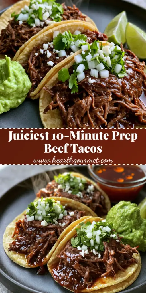 A close-up shot of three shredded beef tacos on a charcoal plate with lime, guacamole, and a side of beef consomme dipping sauce.