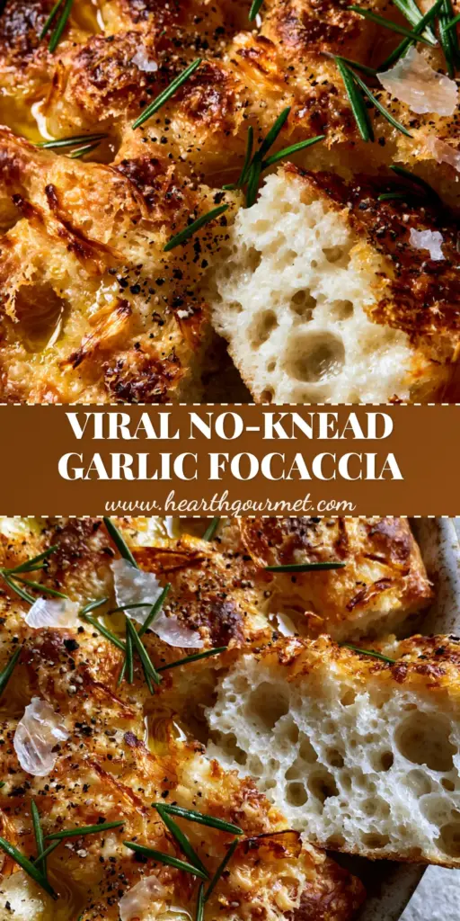 Macro close-up of Garlic Parmesan focaccia with deep dimples, shimmering olive oil, toasted garlic slivers, and a crispy parmesan frico crust.