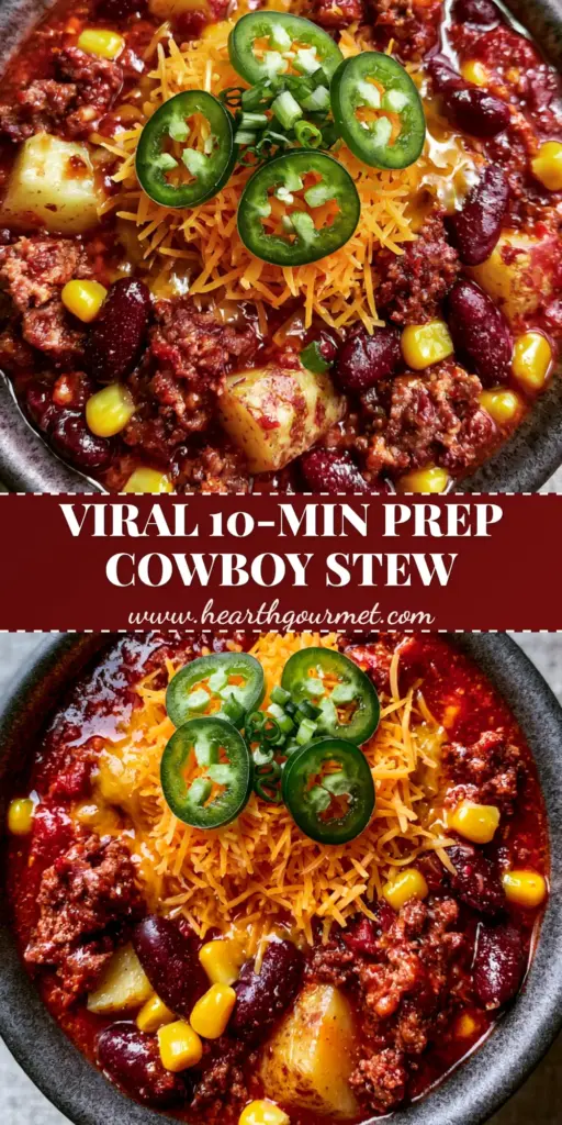 A rustic bowl of Cowboy Stew topped with melted sharp cheddar cheese, sliced jalapeños, and green onions on a light grey linen background.