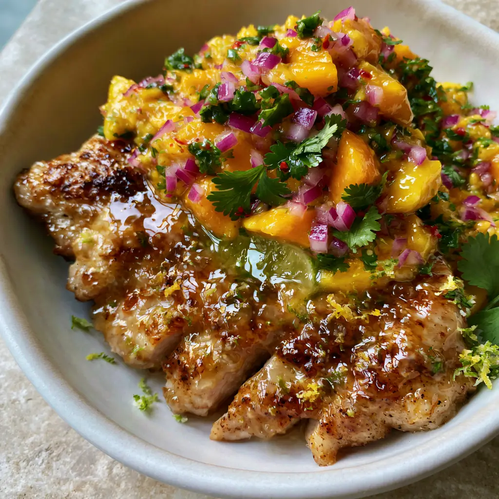 Extreme close-up of honey lime chicken topped with vibrant orange mango chunks, red onion, and fresh cilantro.