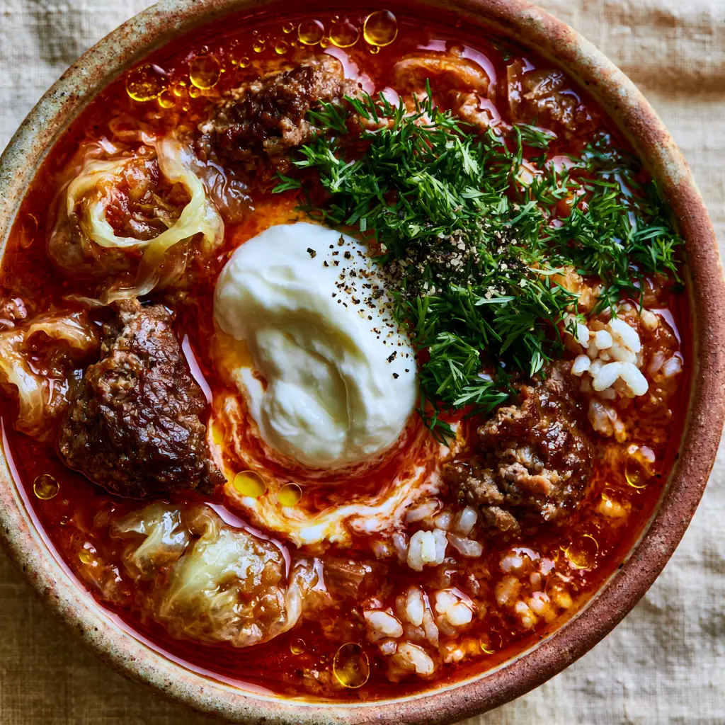 Top view of a rustic bowl of golumpki soup with golden oil droplets and a dollop of cool sour cream.