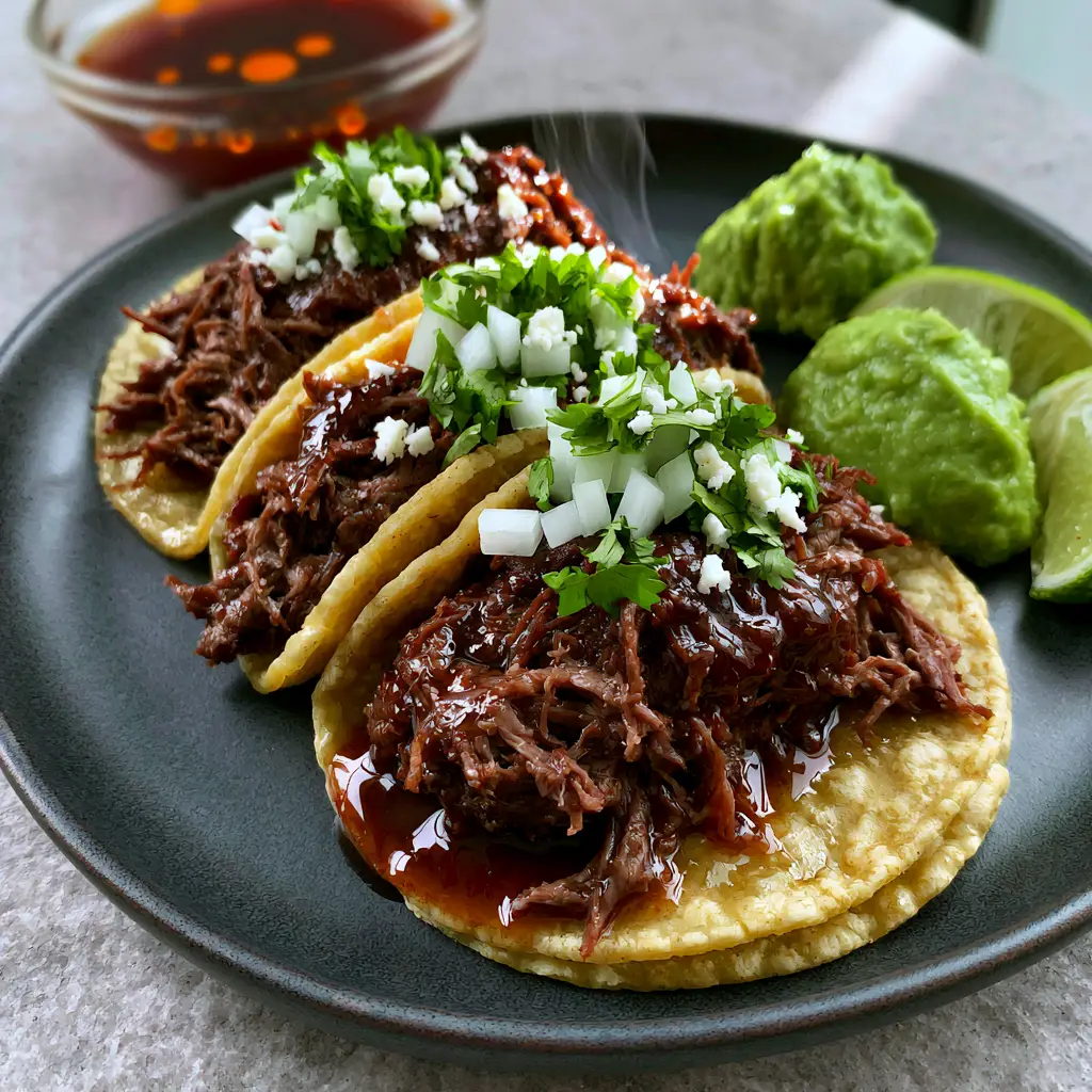 Close up of shredded beef tacos with vibrant green guacamole and dark brown beef consomme with orange oil droplets.