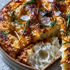 Extreme macro of high-hydration Garlic Parmesan focaccia showing golden toasted garlic and lacy parmesan frico.