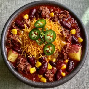 Overhead shot of Cowboy Stew in a charcoal ceramic bowl showing thick glossy tomato sauce and golden corn kernels.