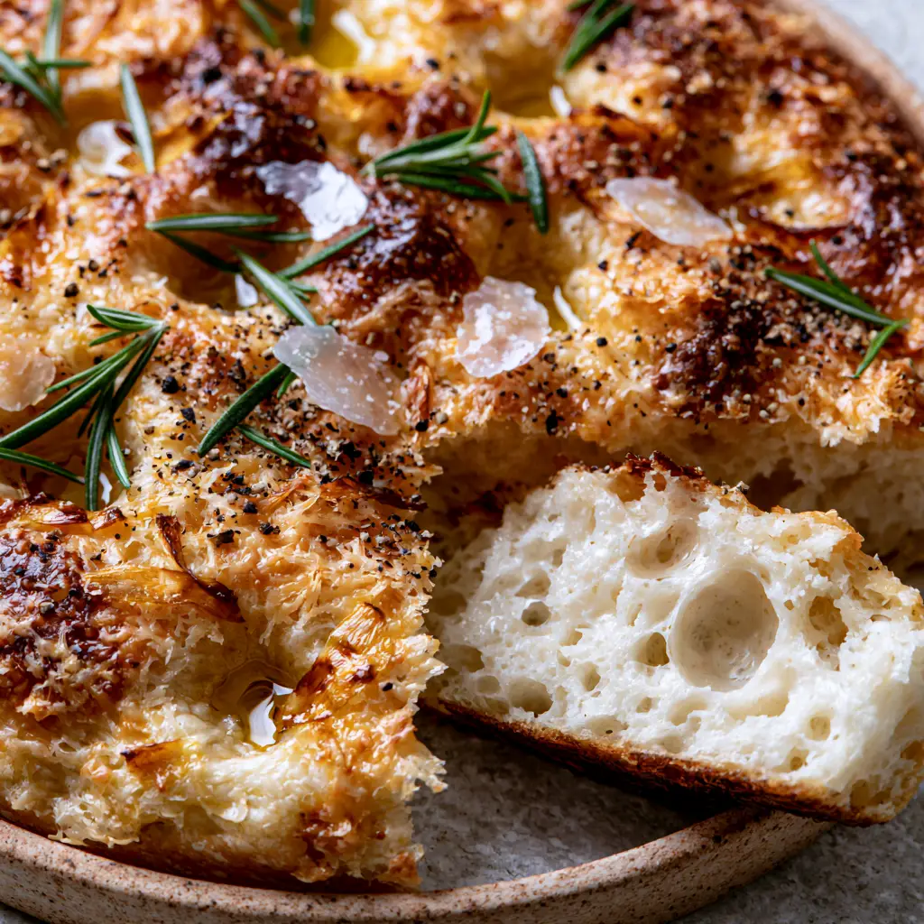 Cross-section of Garlic Parmesan focaccia revealing an airy porous crumb with large alveoli and a honey-gold crust.
