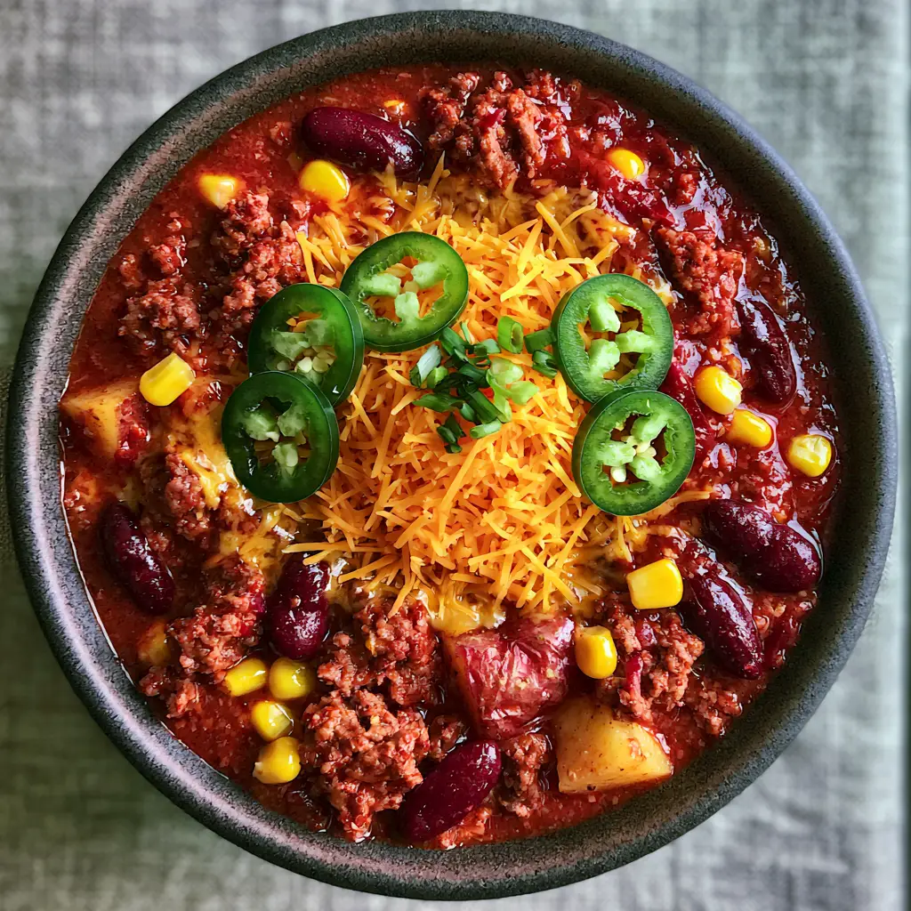 Close up of Cowboy Stew with visible browned ground beef crumbles, skin-on Yukon potatoes, and melting orange cheddar.