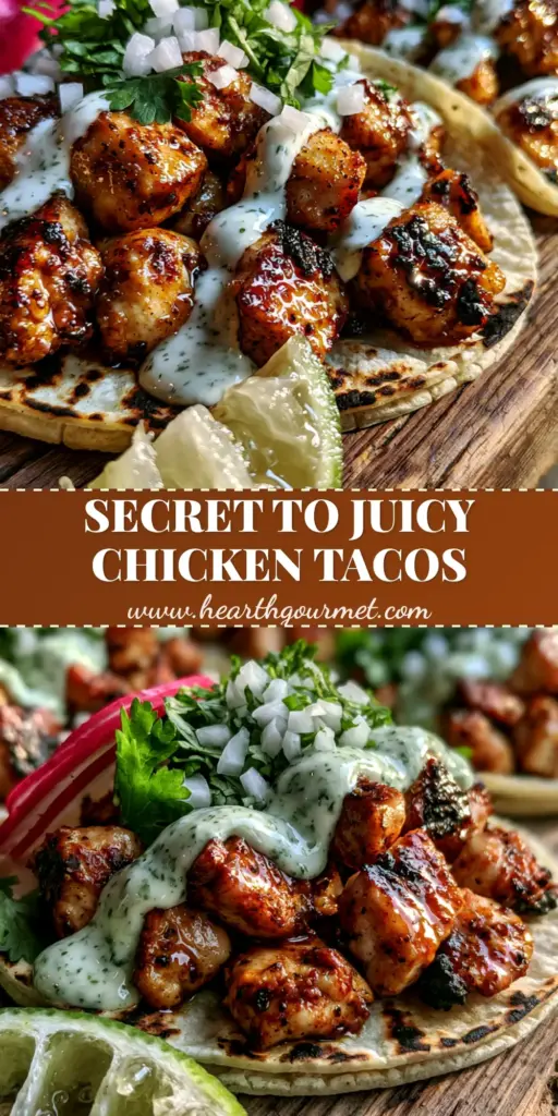 A vertical stack of street-style grilled chicken tacos with charred meat, radishes, and a zig-zag of lime crema. (grilled chicken tacos)