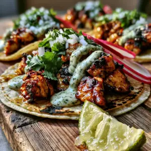 Close up photo of three grilled chicken tacos on a wooden board with glistening charred meat and fresh cilantro. (grilled chicken tacos)