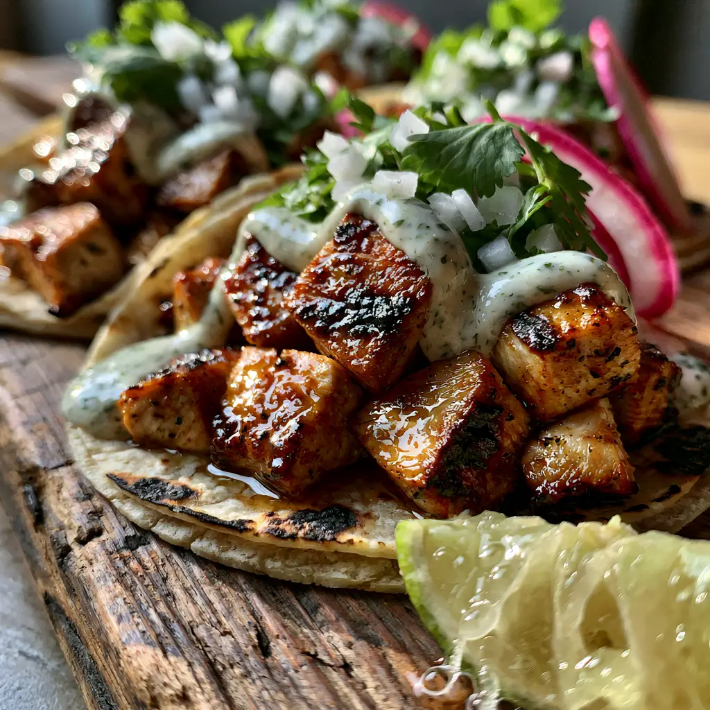 Street style grilled chicken tacos featuring thinly sliced radishes and creamy cilantro lime crema.