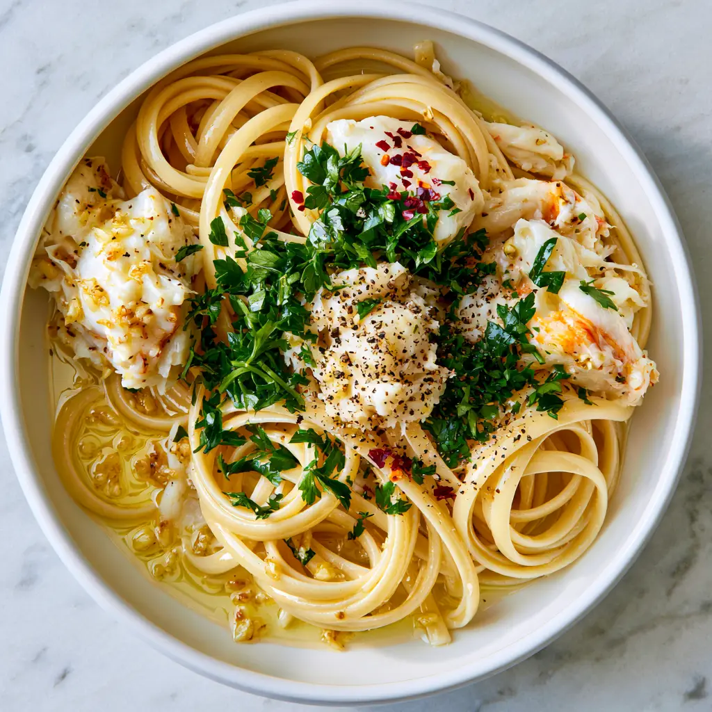 Extreme close-up of crab pasta showing red pepper flakes, fresh parsley, and cracked black pepper.