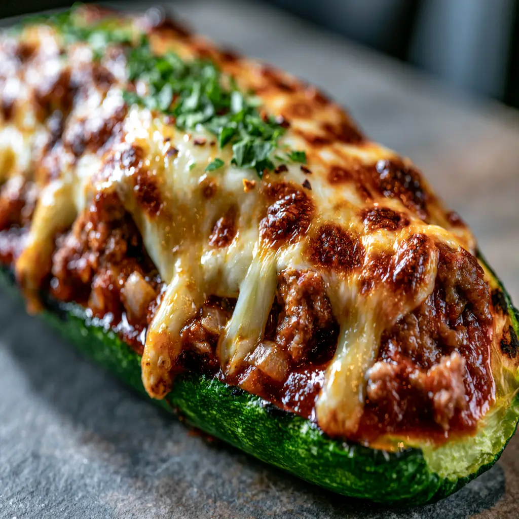 Ground Beef Zucchini Boats with Hearty Tomato Glaze and Bubbly Mozzarella 2 Macro 45-degree angle of a single roasted ground beef zucchini boat with visible steam and toasted cheese spots.