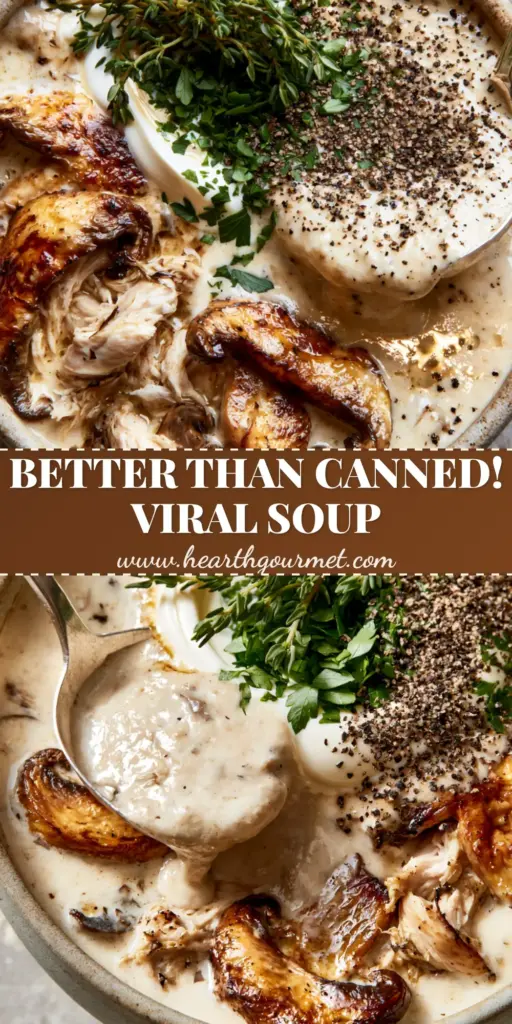 A rustic bowl of thick Chicken Mushroom Soup with a silver ladle, garnished with fresh thyme and black pepper on a stone background.
