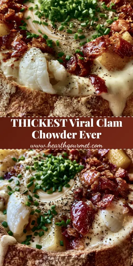 A rustic sourdough bread bowl overflowing with thick, ivory New England Clam Chowder, topped with crispy bacon and fresh chives.