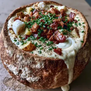 Close-up of New England Clam Chowder showing large clam chunks, golden potatoes, and glistening bacon bits.
