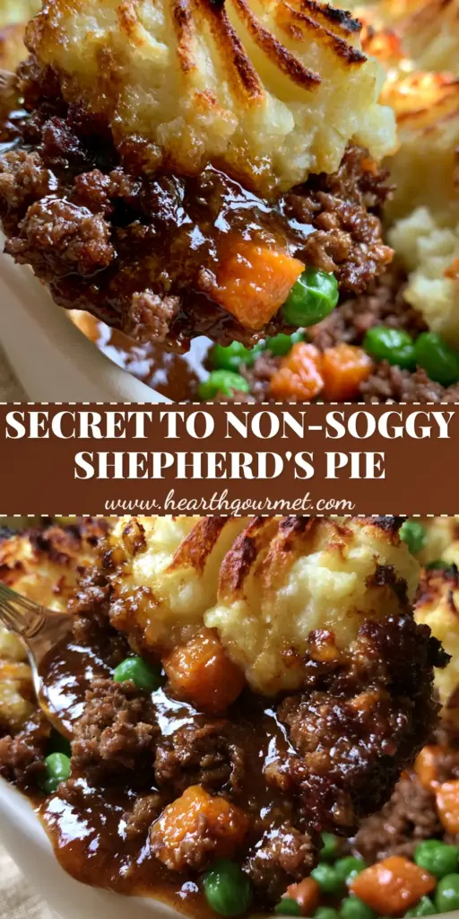 A close-up scoop of shepherd's pie with toasted mashed potato peaks and thick brown beef gravy being lifted from a matte white dish. (shepherds pie recipe)