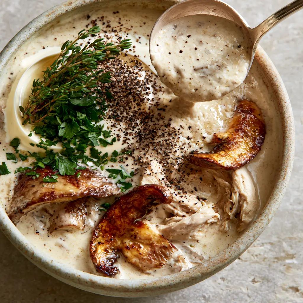 Creamy Chicken Mushroom Soup garnished with fresh thyme and cracked black pepper in a ceramic bowl.