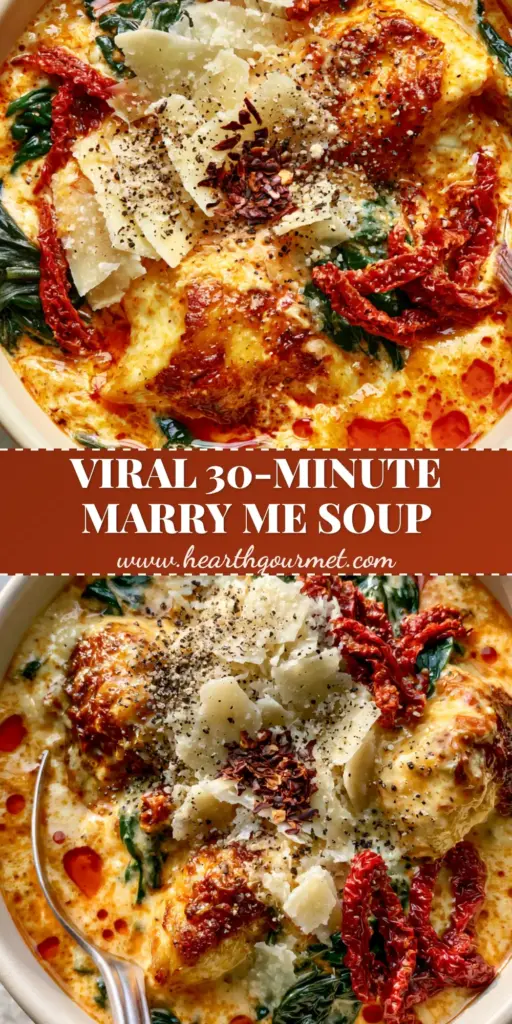 A close-up shot of Creamy Marry Me Soup in a matte ceramic bowl, showing seared chicken, orange broth with red oil droplets, and thick parmesan shavings.