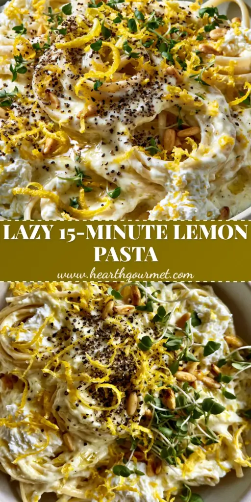 A tall, vertical shot of twirled linguine nests in a creamy lemon ricotta pasta sauce, topped with whipped ricotta dollops and toasted pine nuts.