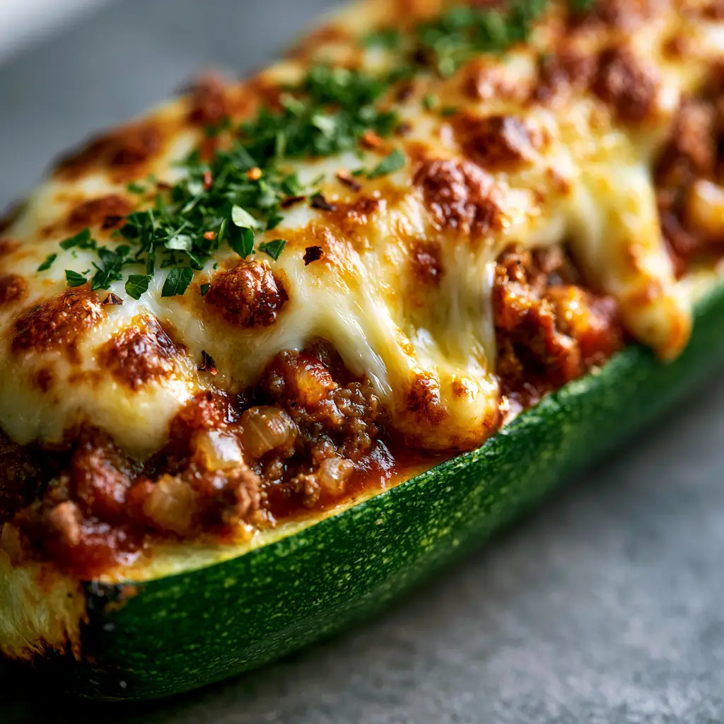 Ground Beef Zucchini Boats with Hearty Tomato Glaze and Bubbly Mozzarella 1 Close-up of the thick hearty filling in the ground beef zucchini boats showing the rich red tomato glaze.