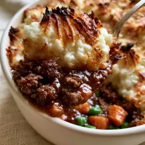 Detailed close-up of thick mashed potato peaks with crispy charred edges on a shepherds pie recipe.