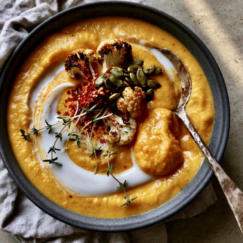Creamy Vegetable Soup with Roasted Carrots and Peppers 1 Top-down view of creamy vegetable soup with charred cauliflower florets, red chili flakes, and micro-thyme garnishes.