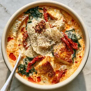 Top-down view of Creamy Marry Me Soup featuring a velvety orange broth, wilted spinach, and succulent golden-brown chicken pieces.