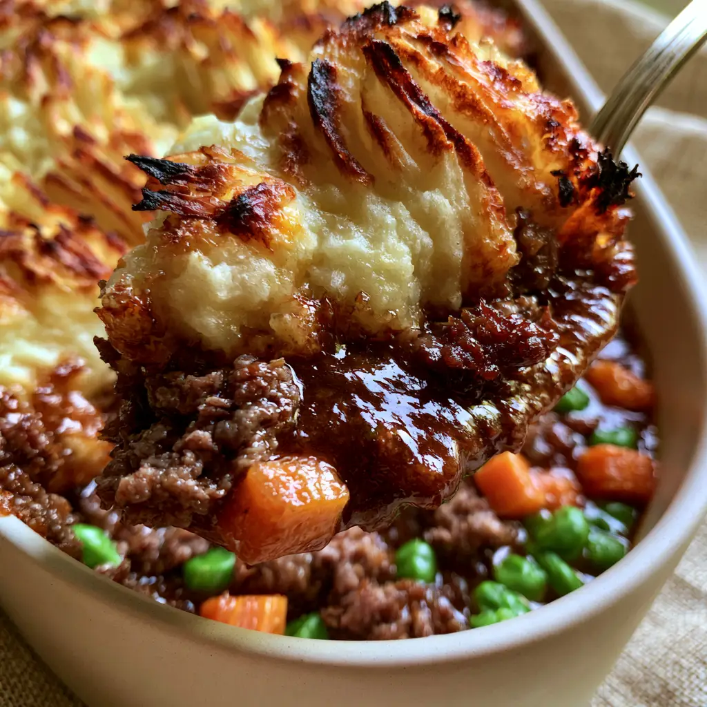 Scoop of shepherd's pie showing glistening dark brown savory beef gravy and tender carrots.