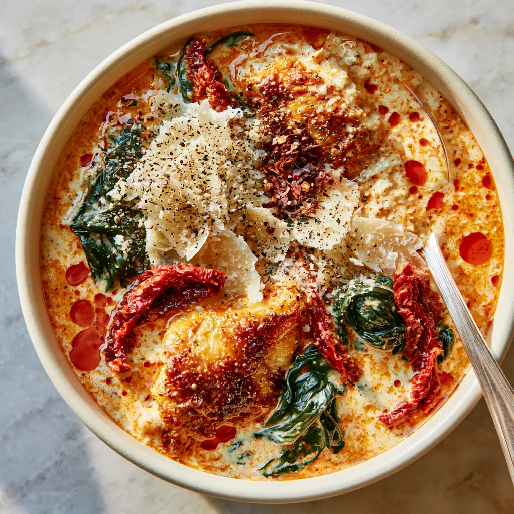 Detailed shot of Creamy Marry Me Soup with a silver spoon, highlighting the high-satiety consistency and vibrant sun-dried tomatoes.