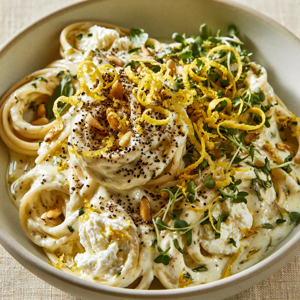 Slightly overhead view of creamy lemon ricotta pasta garnished with cracked black pepper, micro-basil, and toasted pine nuts in a matte ceramic bowl.