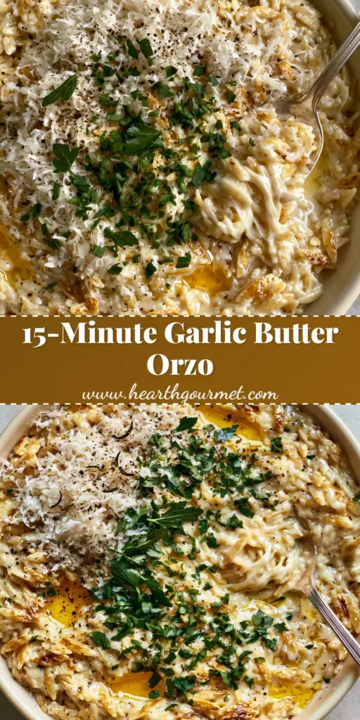 A shallow ceramic pan of creamy Garlic Butter Orzo with toasted golden-brown grains, melted parmesan, and fresh parsley.