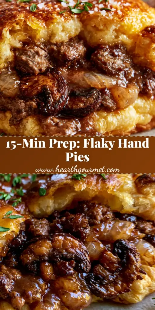 A close-up of Meat and Mushroom Hand Pies with a shattered golden puff pastry crust and savory mahogany gravy filling.