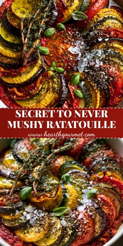 An overhead high-angle shot of a stunning French Ratatouille in a white ceramic dish, featuring a tight spiral of zucchini, squash, eggplant, and Roma tomatoes over a red piperade base.