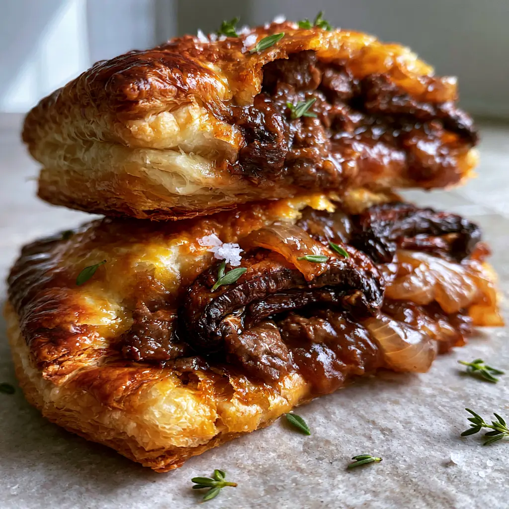 Top view of a Meat and Mushroom Hand Pie with a glossy egg wash sheen and coarse sea salt garnish.
