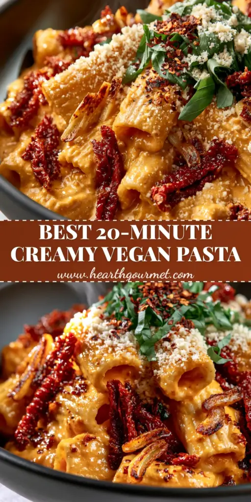 A tall Pinterest pin showing a close-up of vegan sun-dried tomato pasta with rigatoni, creamy orange sauce, and fresh basil.