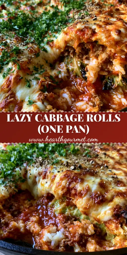 Extreme close up of an unstuffed cabbage roll casserole in a black cast iron skillet with melted golden cheese and fresh parsley.