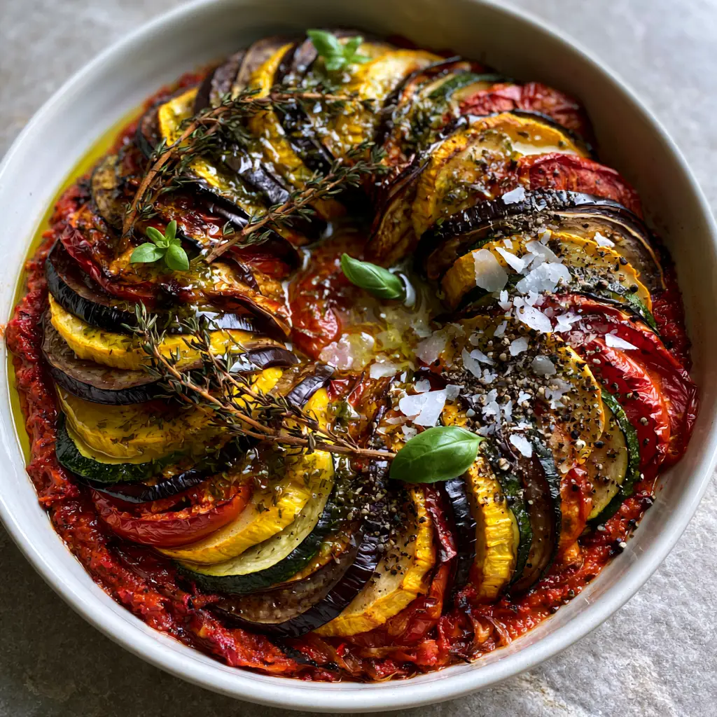 Finished French ratatouille with roasted caramelized edges, fresh thyme sprigs, and a drizzle of herb-infused olive oil.