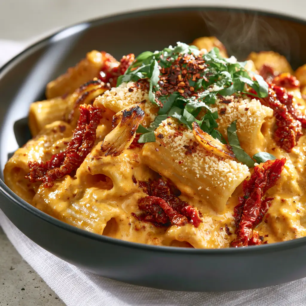 A 45-degree shot of vegan sun-dried tomato pasta in a matte black bowl with garlic slivers and vegan parmesan dust.