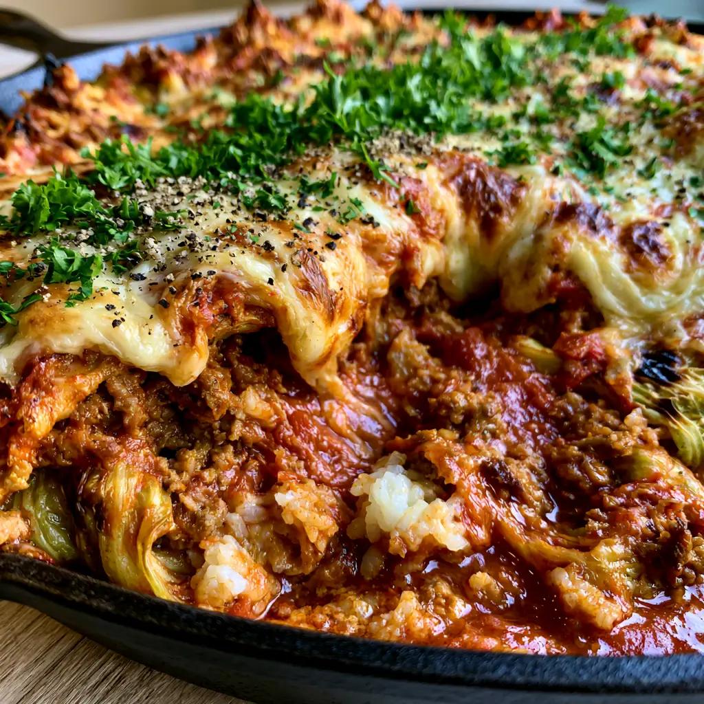 A scoop of cabbage roll casserole showing the steaming juicy interior and melted mozzarella cheese.