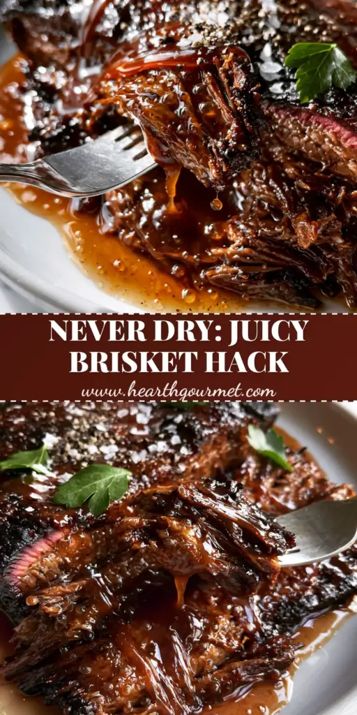 A vertical Pinterest graphic showing a close-up of glistening glazed beef brisket with sea salt and parsley, highlighting leftover beef brisket recipes.