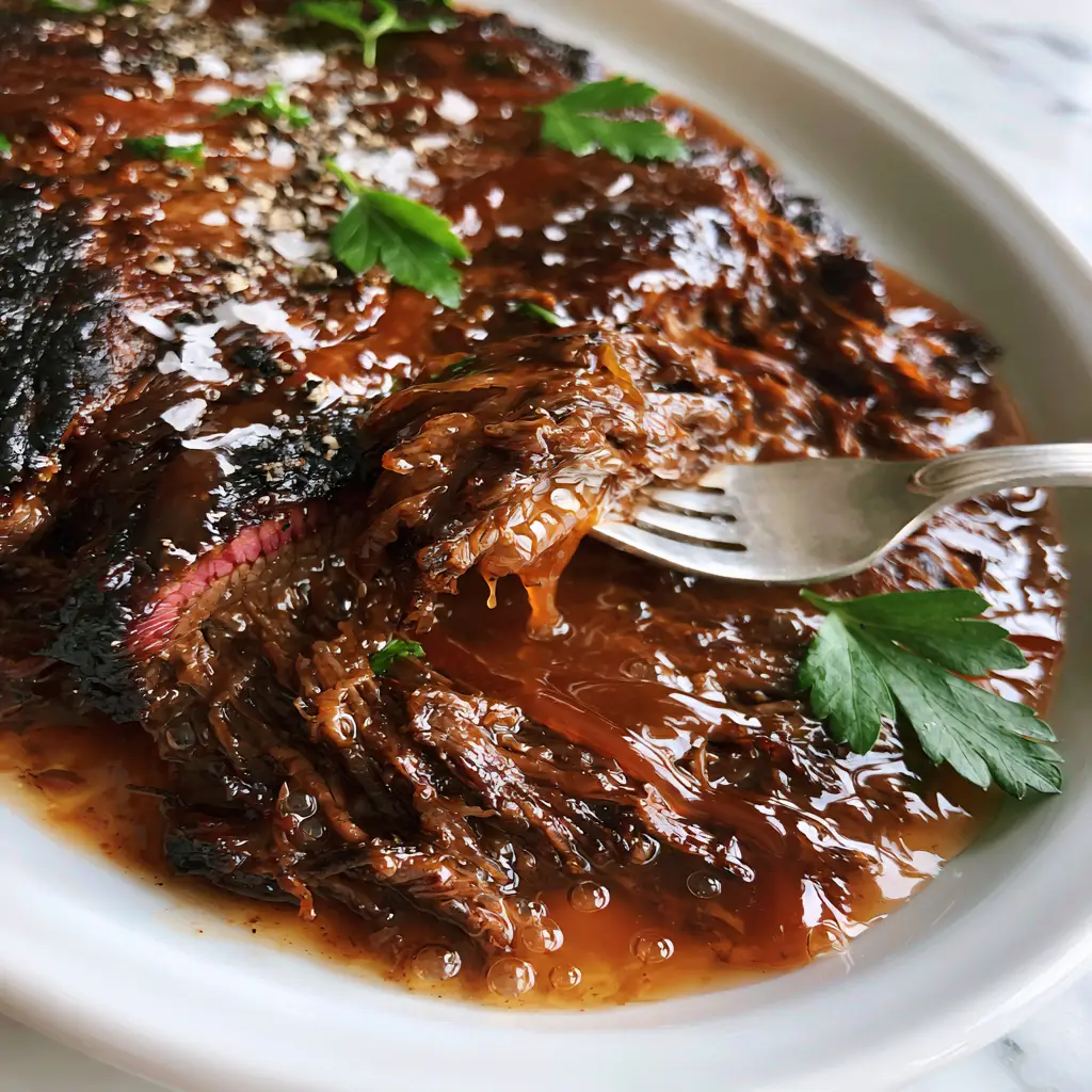 Extreme top-down close-up of shredded beef brisket with a pink smoke ring and mahogany au jus (leftover beef brisket recipes).