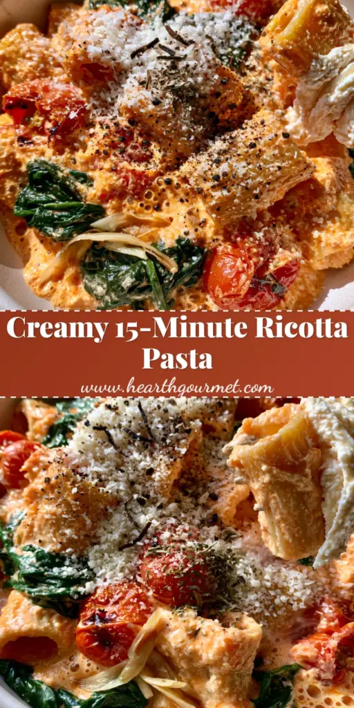 A fork lifting rigatoni showing a creamy ricotta pull from a bowl of Tomato ricotta pasta with blistered tomatoes.